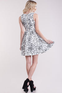 Black White Rose Patterned Short Dress