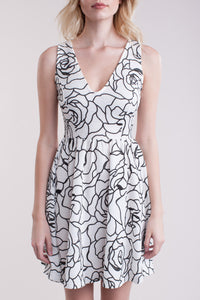 Black White Rose Patterned Short Dress