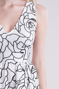 Black White Rose Patterned Short Dress