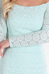 Aqua Sequined Lace Off Shoulder Dress