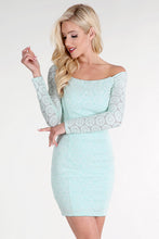 Aqua Sequined Lace Off Shoulder Dress
