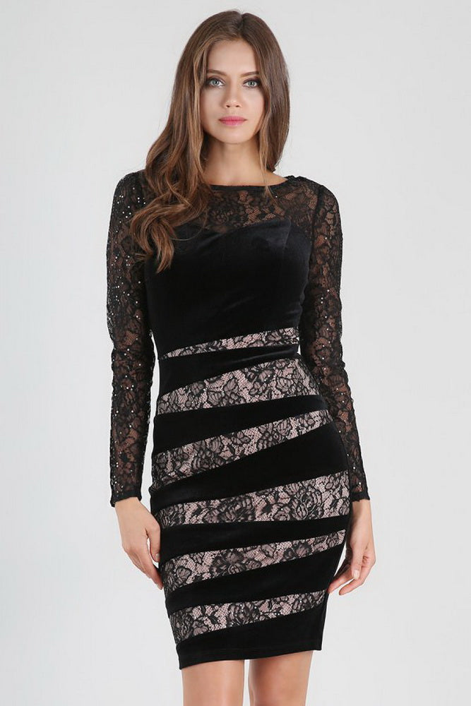 Black Sheer Lace Velvet Dress