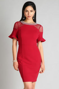 Red Embellished Sheer Trumpet Sleeve Dress