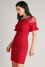 Red Embellished Sheer Trumpet Sleeve Dress