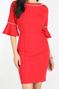 Red Pearl Beaded Bell Sleeve Dress