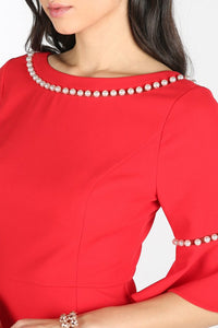 Red Pearl Beaded Bell Sleeve Dress