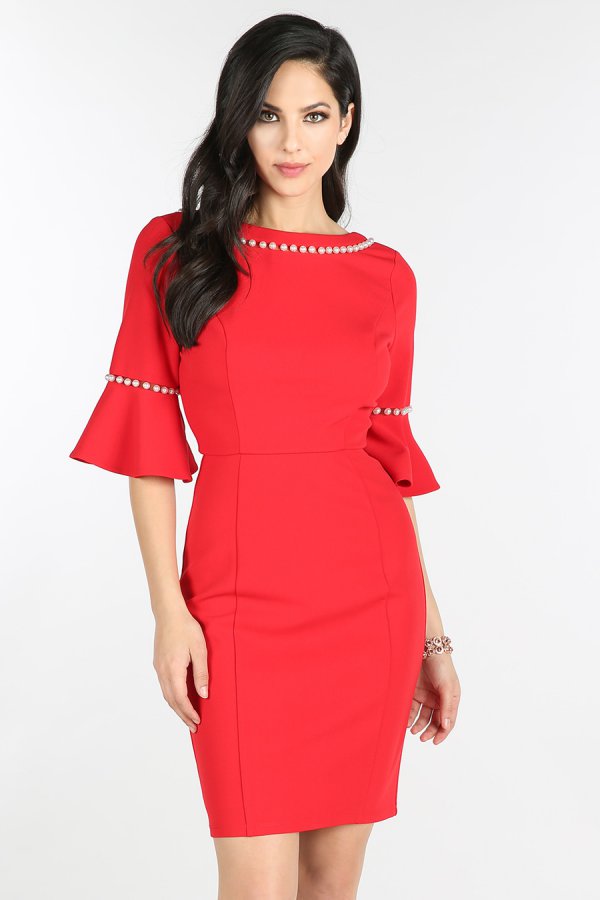 Red Pearl Beaded Bell Sleeve Dress