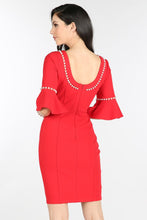 Red Pearl Beaded Bell Sleeve Dress