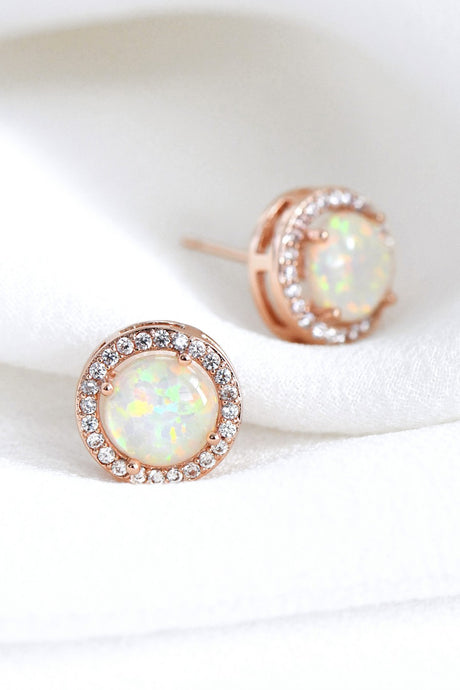 Dainty Opal Round Stud Earrings in Rose Gold