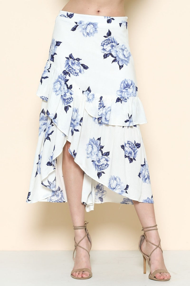 Blue Flower On White Midi Skirt