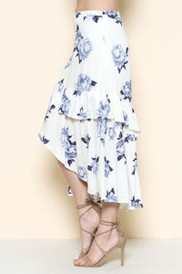 Blue Flower On White Midi Skirt