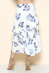 Blue Flower On White Midi Skirt