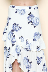 Blue Flower On White Midi Skirt