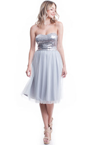 Grey Strapless Sequin Top Mesh Layer Dress