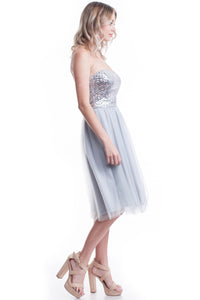 Grey Strapless Sequin Top Mesh Layer Dress