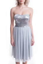 Grey Strapless Sequin Top Mesh Layer Dress