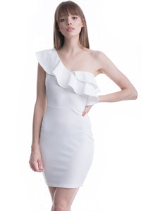 Ivory One Shoulder Ruffle Mini Dress
