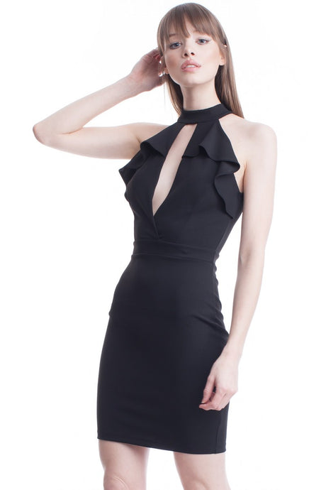 Black Ruffle Front Keyhole Halter Short Dress