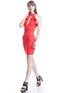 Red Ruffle Front Keyhole Halter Short Dress