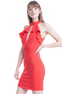 Red Ruffle Front Keyhole Halter Short Dress