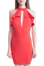 Red Ruffle Front Keyhole Halter Short Dress