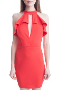Red Ruffle Front Keyhole Halter Short Dress