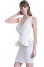 White Deep V-Neck Ruffle Waist Short Dress