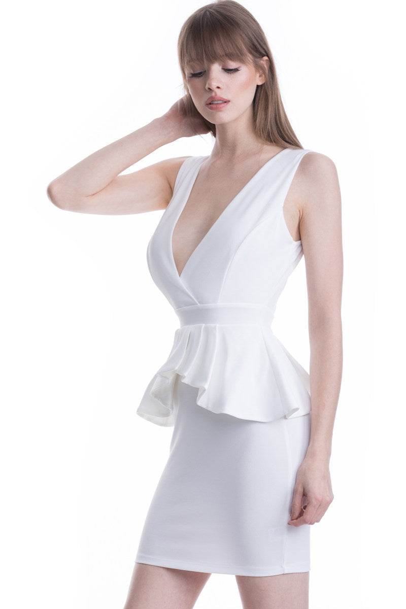 White Deep V-Neck Ruffle Waist Short Dress