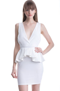 White Deep V-Neck Ruffle Waist Short Dress