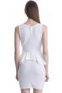 White Deep V-Neck Ruffle Waist Short Dress