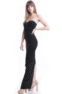Strapless Gold Diamond Embroidery Maxi Dress