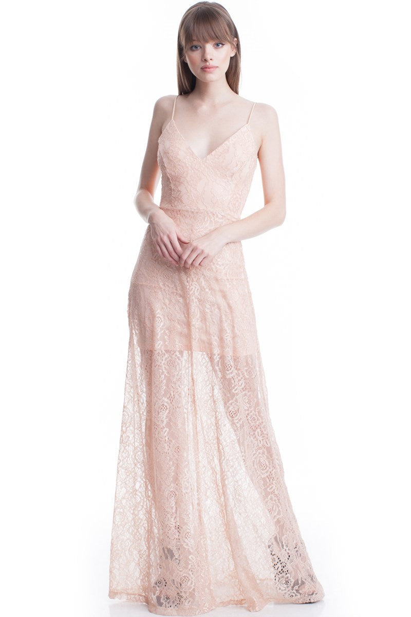 Beige See-Thru Legs Lace Maxi Dress