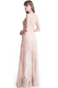 Beige See-Thru Legs Lace Maxi Dress