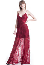 Burgundy See-Thru Legs Lace Maxi Dress