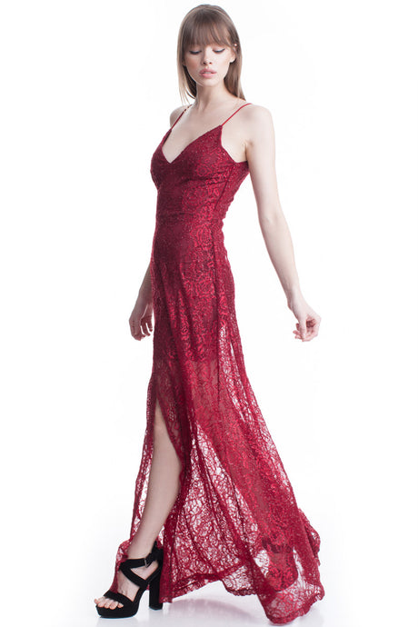 Burgundy See-Thru Legs Lace Maxi Dress