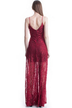 Burgundy See-Thru Legs Lace Maxi Dress