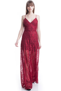 Burgundy See-Thru Legs Lace Maxi Dress