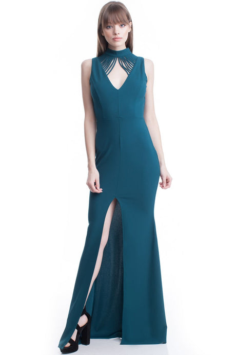 Teal High Neck Flow Line Evening Dress