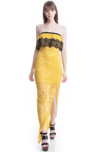 Yellow Lace Tube Top See-Thru Legs Maxi Dress