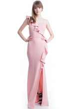 Rose Color V-Neck One Shoulder Ruffle Maxi Dress