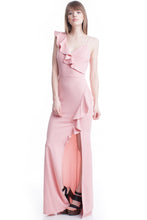 Rose Color V-Neck One Shoulder Ruffle Maxi Dress