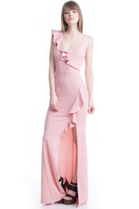 Rose Color V-Neck One Shoulder Ruffle Maxi Dress