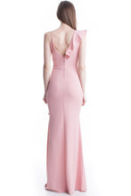 Rose Color V-Neck One Shoulder Ruffle Maxi Dress