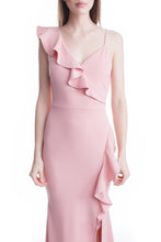 Rose Color V-Neck One Shoulder Ruffle Maxi Dress