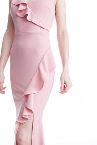 Rose Color V-Neck One Shoulder Ruffle Maxi Dress