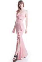 Rose Color V-Neck One Shoulder Ruffle Maxi Dress
