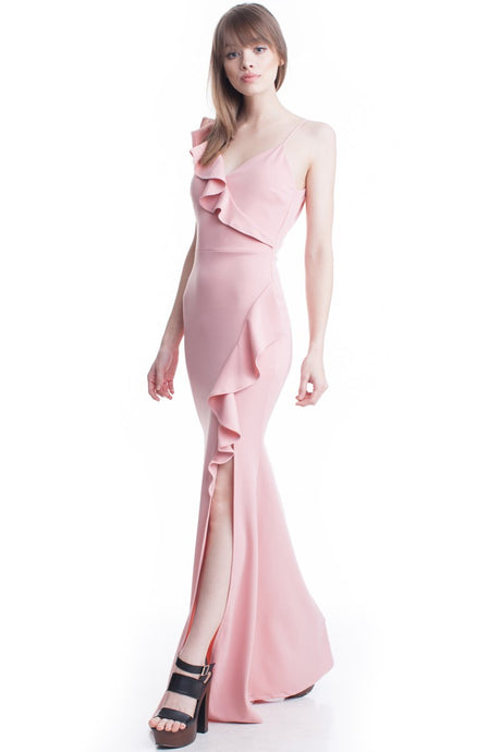 Rose Color V-Neck One Shoulder Ruffle Maxi Dress