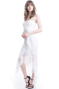 Ivory Strapless Lace Ruffle Maxi Dress