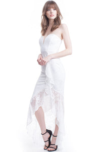 Ivory Strapless Lace Ruffle Maxi Dress