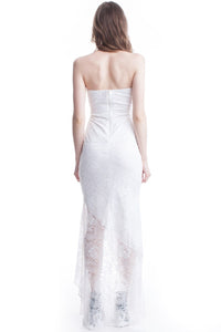 Ivory Strapless Lace Ruffle Maxi Dress